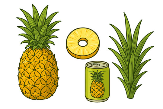 Pineapple elements and canned drink on green background