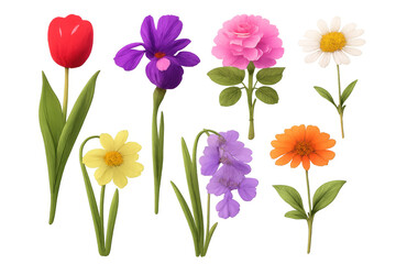 Vibrant collection of various spring flowers: red tulip, purple iris, pink rose, white daisy, yellow daffodil, bluebell, marigold