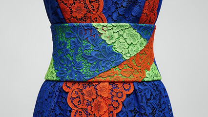 Vibrant multi-colored lace belt creatively designed with geometric patterns accentuating a dress showcased on a neutral background with copy space