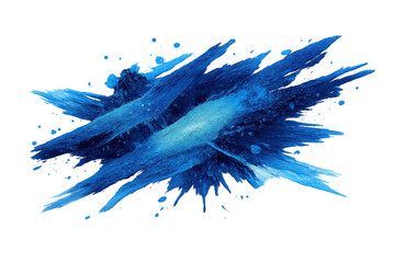 Blue abstract watercolor paint creating a dynamic explosion of artistic brush strokes and scattered splatters on a transparent background