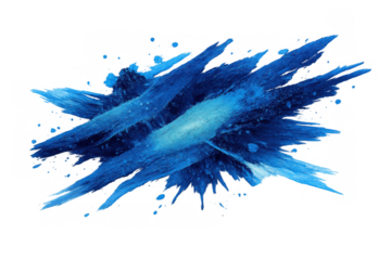 Blue abstract watercolor paint creating a dynamic explosion of artistic brush strokes and scattered splatters on a transparent background
