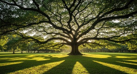 Majestic tree with sprawling branches in a serene green park