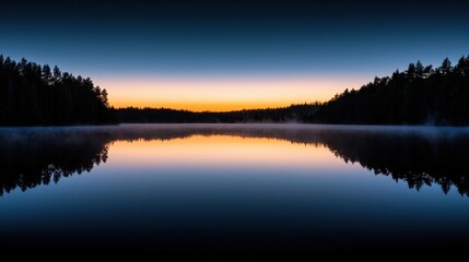 A serene lake at sunrise, with a forested shoreline and a clear reflection of the sky.