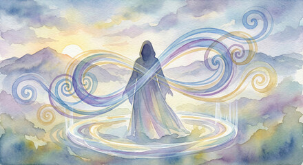 Spiritual Figure in Present Moment Between Energy Currents Watercolor JPG