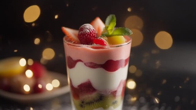 A vibrant, layered fruit parfait dessert with strawberries, raspberries, kiwi, and cream, garnished with mint, set against a dark background with festive bokeh lights.