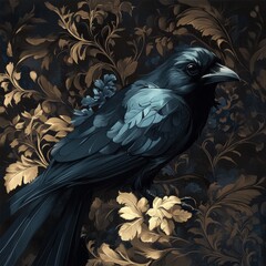 Obraz premium Illustration of a black crow with intricate detailing set against a rich background