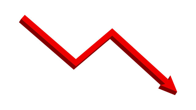 Red 3D falling down fluctuated line arrow graph indicates financial loss concept, stock market fall, business loss, market crash, economic loss. Red downward arrow. Vector illustration.