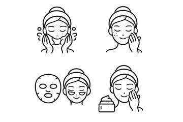 Skincare routine icons with woman washing face, applying cream, and using a sheet mask