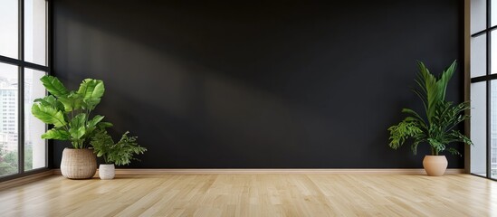 Elegant Interior with Black Wall, Wooden Floor and Green Plants Near Windows