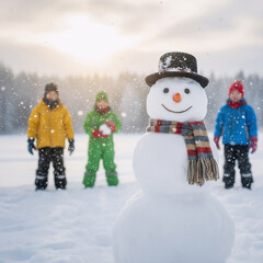 Happy Snowman with Kids in Winter Wonderland