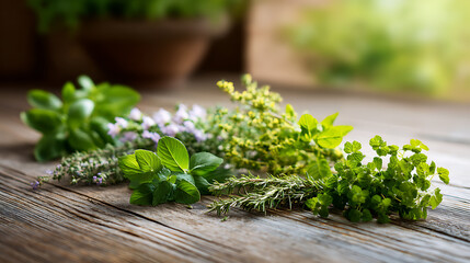 Fresh aromatic herbs assortment lying on rustic wooden table in sunlight. Healthy organic culinary herbs for cooking, gardening, and natural remedies.
