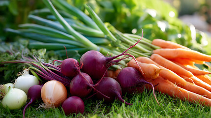 Fresh organic carrots, beets and onions with green tops on the grass in natural daylight. Perfect for healthy eating, gardening, or farm-themed activities.
