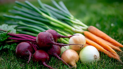 Fresh organic vegetables including carrots, onions, beets, and green onions arranged on green grass, symbolizing healthy eating and harvest.

