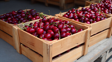 Cherries in wooden boxes on the counter of a farmer's market
