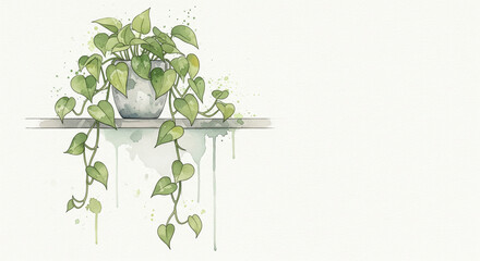  A beautiful watercolor painting of a Pothos plant trailing down from a shelf. Soft bleeding edges, delicate brushstrokes, and splashes of green and yellow paint. High-quality paper texture background