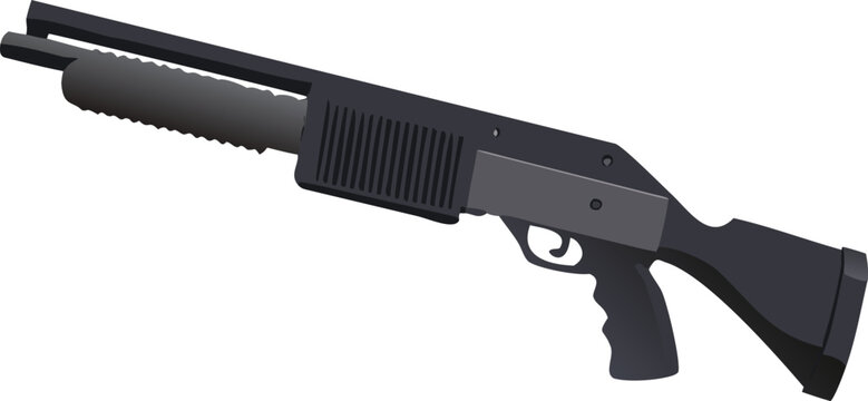 A detailed view of a black pump action shotgun isolated on a plain