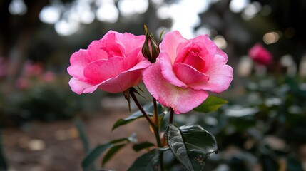 A close up of two pink roses in full bloom.