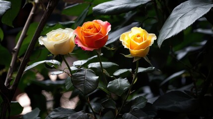 A close-up of three roses in different colors.