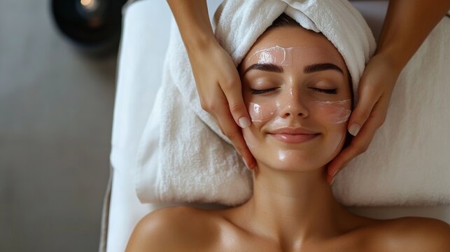 Close-up of a woman receiving a spa facial treatment with eyes closed and face mask applied.