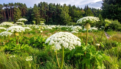 White flowers in a grassy field, forest backdrop