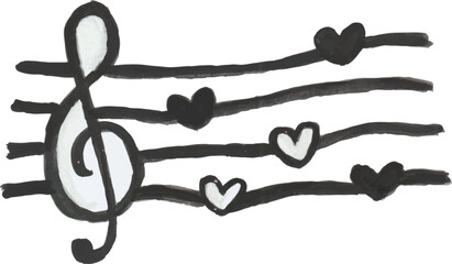 Hand-Drawn Treble Clef with Hearts on Musical Staff