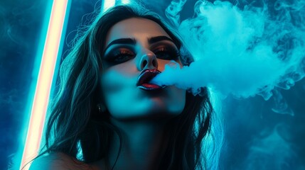 Striking portrait of a female model with vibrant blue neon lights creating an atmospheric effect as she breathes out smoke. The image exudes a sense of glamour and mystique.