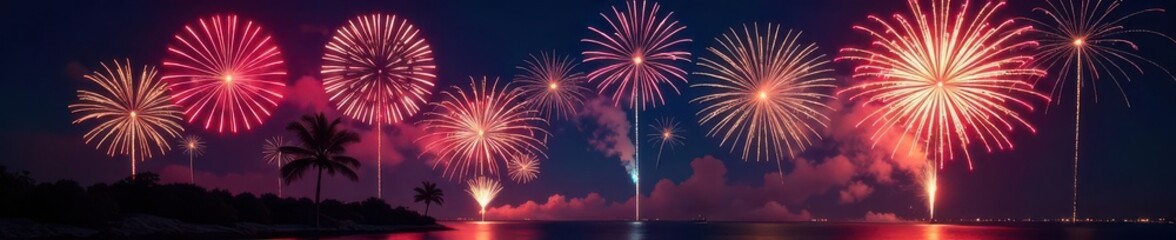 Dynamic fireworks display, diverse shapes and colors , show, festive, light