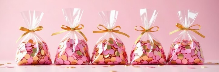 Pastel pink & gold confetti filled clear cellophane bags tied with gold ribbon , party, sweets