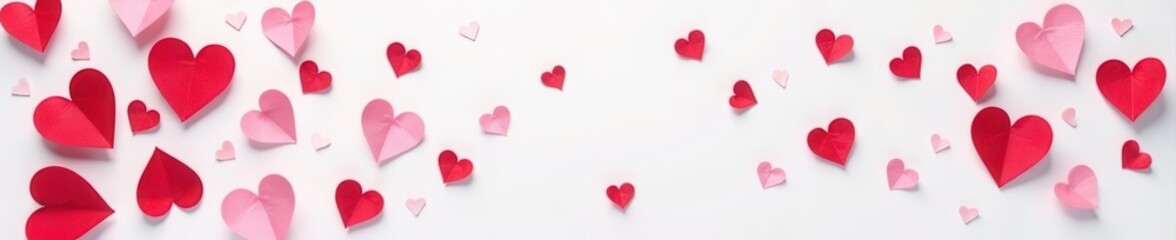 Pink and red hearts strewn across white backdrop Top view of Valentine's Day decor , celebration, festive background