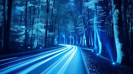 The peaceful stillness of a tranquil forest clearing is enhanced by sparkling blue light trails.