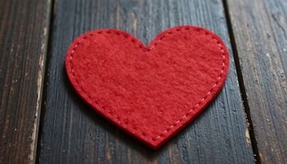 Obraz premium A vibrant red felt heart with white stitch resting on rustic dark wood planks
