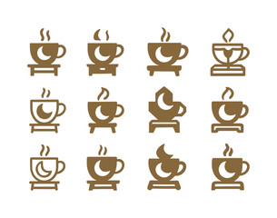 Obraz premium Bedside Tea Icons. A warm cup of tea or milk by the bedside. Icon set. Set Logo of a warm cup of tea or milk by the bedside: cup with crescent moon. harmonious