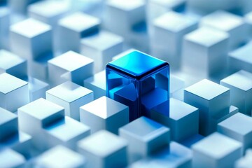 Obraz premium A leader represented by a blue cube standing out from an array of white cubes.
