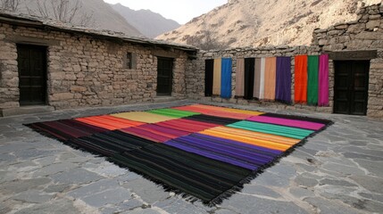 A colorful rug on a stone floor.