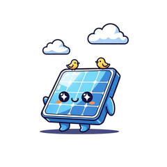 Adorable solar panel character with bird friends under cloudy sky