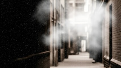 Eerie urban alleyway scene with diffused light and mist conveying a sense of mystery and solitude