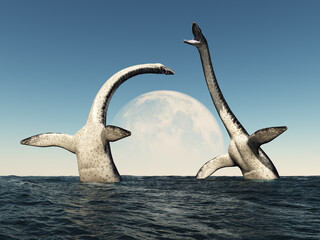 Auftauchender Plesiosaurus vor Mondhintergrund
