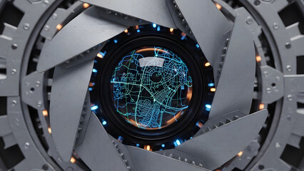 Futuristic Iris Lens with Digital City Map Interface