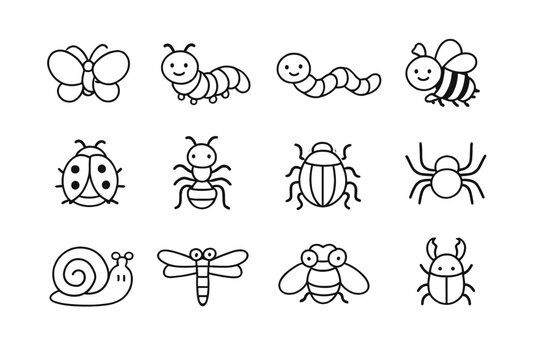 Cute Insect Icons Set on Black Background