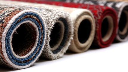A row of rolled up carpets in various colors and patterns.