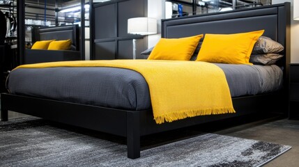 A modern bedroom with a black bed frame, gray bedding, and yellow throw blanket.