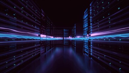 Futuristic data center dark room, rows server racks glowing with neon blue purple lights, animated flowing light pulses along cables racks representing live data, volumetric fog reflections polished - Powered by Adobe
