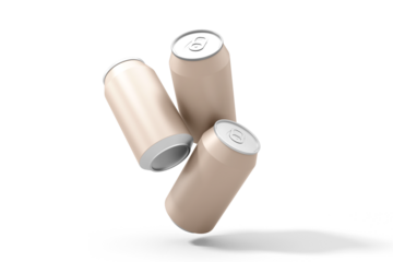 Three blank beige beverage aluminum cans mockup floating isolated against a stark white and black background