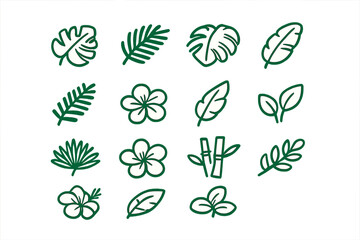 Tropical Leaves and Flowers Icon Set