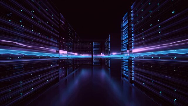Futuristic data center dark room, rows server racks glowing with neon blue purple lights, animated flowing light pulses along cables racks representing live data, volumetric fog reflections polished