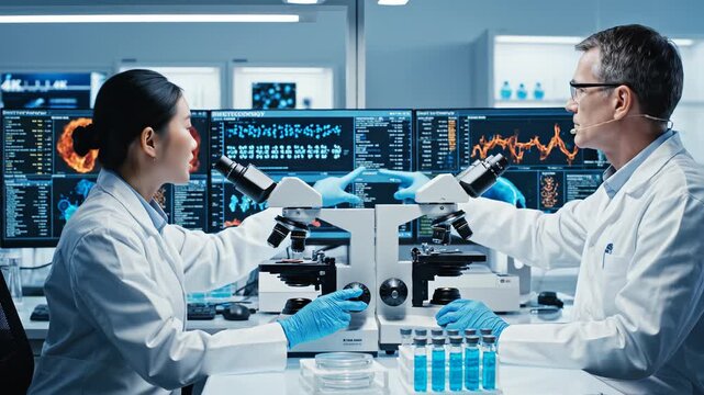 Scientists working in a lab with microscopes