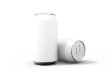 Mockup template featuring two blank white aluminum beverage cans ready for custom product labeling design application