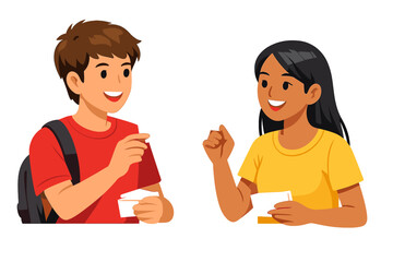 Obraz premium Two smiling young people exchanging cards