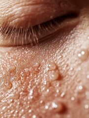 Fototapeta premium This image shows a close-up of human skin where sweat droplets are seen. The pores and texture of the skin are clearly visible.