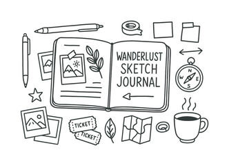 Wanderlust Sketch Essentials. Wanderlust sketch journal. Hand-drawn doodle illustration wanderlust sketch journal open notebook, pen, polaroid photos, ticket